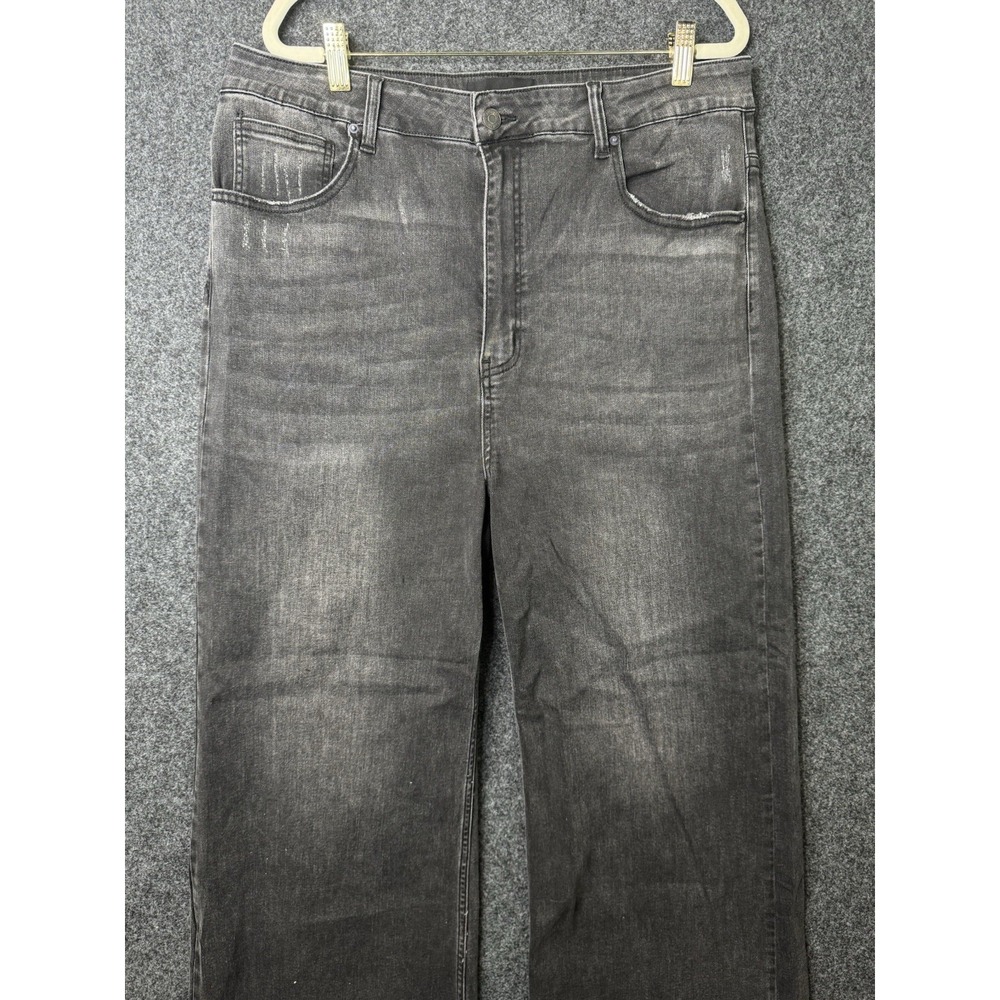 NWT Risen Jeans Womens 2XL Black High Rise Wide Leg Crop Raw Hem Stretch